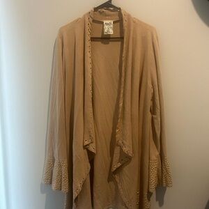 Vocal Tan Open-Front Cardigan with Embellished Cuffs